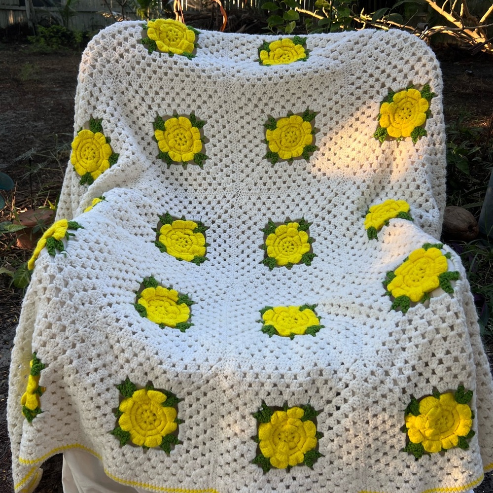 Handmade Floral Crochet Blanket - White and Yellow